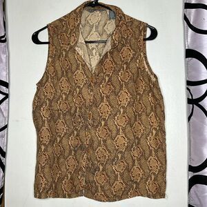 Solutions New York python print sleeveless button-down blouse, size large